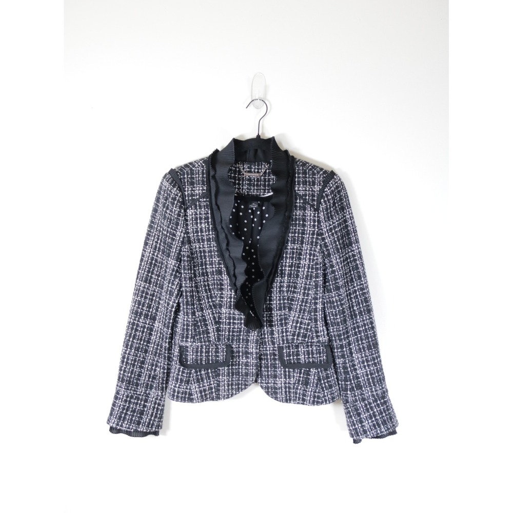 White House Black Market Tweed Ruffle Blazer Black White Plaid Polka Dot Size 10